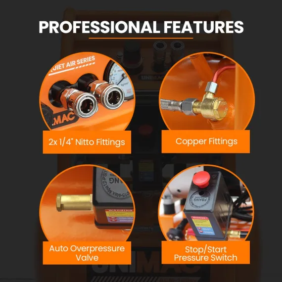 Unimac 16L Silent Oil-Free Electric Air Compressor, 116PSI Portable with Wheels and Handle, Twin Nitto Outlets for Airtools, Tyre Inflation image: 4