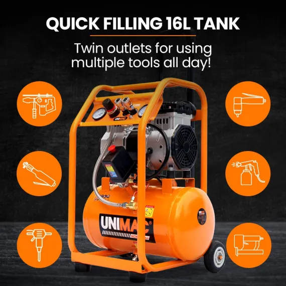 Unimac 16L Silent Oil-Free Electric Air Compressor, 116PSI Portable with Wheels and Handle, Twin Nitto Outlets for Airtools, Tyre Inflation image: 5