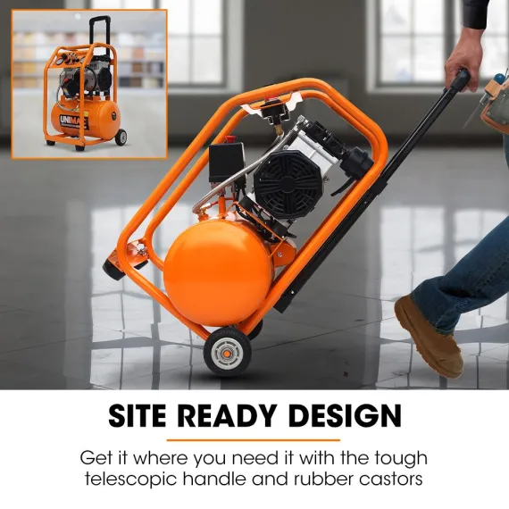 Unimac 16L Silent Oil-Free Electric Air Compressor, 116PSI Portable with Wheels and Handle, Twin Nitto Outlets for Airtools, Tyre Inflation image: 6