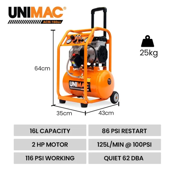 Unimac 16L Silent Oil-Free Electric Air Compressor, 116PSI Portable with Wheels and Handle, Twin Nitto Outlets for Airtools, Tyre Inflation image: 8